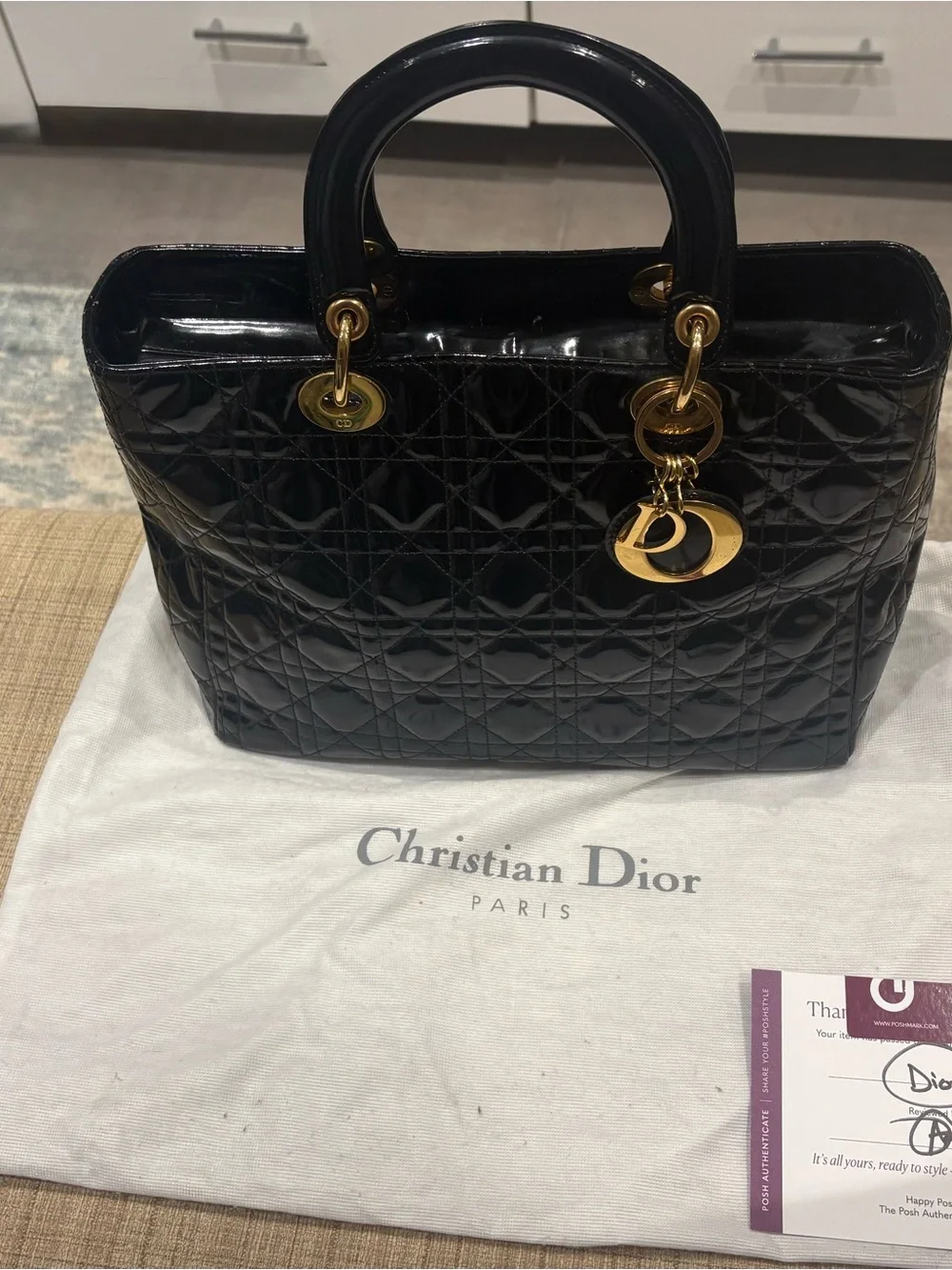 Dior Black Quilted Patent Tote Bag with Gold Charm